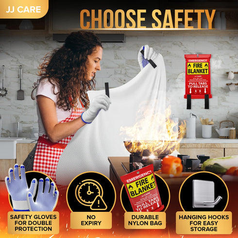 JJ CARE Fire Blanket - 4 Packs with Hooks - Emergency Fire Blanket for Home & Kitchen, High Heat Resistant Fire Suppression Blankets for Home Safety, Kitchen, and Camping